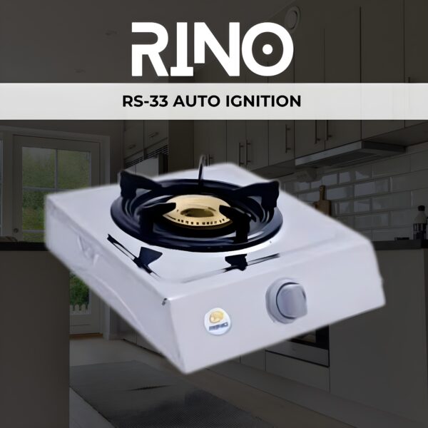 Gas Stove Rino RS33 Auto Ignition single Burner Kitchen Stove,"Stainless steel kitchen stove with single burner and control knobs, illuminated by overhead lighting,