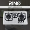 RINO RS979 Gas Stove,"Stainless steel kitchen stove with three burners and control knobs, illuminated by overhead lighting,
