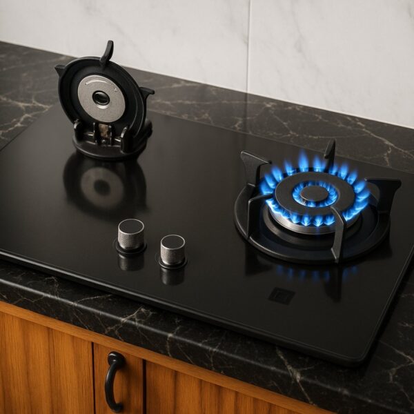 Glass top HOB, kitchen stove with two burners and control knobs, illuminated by overhead lighting,kitchen stove, electric stove, gas stove, gas hob,