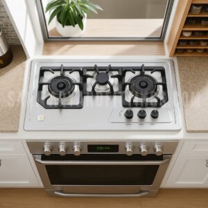 RINO RS979 Gas Stove,"Stainless steel kitchen stove with three burners and control knobs, illuminated by overhead lighting,