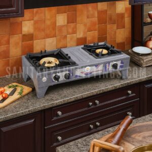Gas Stove Rino RS90 Manual Double Burner Kitchen Stove,"Stainless steel kitchen stove with Double burner and control knobs, illuminated by overhead lighting,