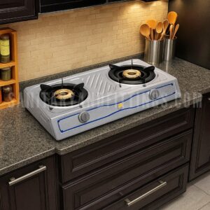 Electric Gas Stove,"Stainless steel kitchen stove with Double burner and control knobs, illuminated by overhead lighting,