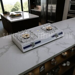 Gas Stove RINO RS212,"Stainless steel kitchen stove with Double burner and control knobs, illuminated by overhead lighting,