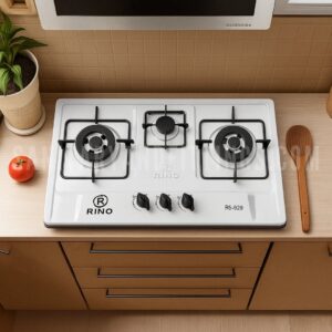 Gas Stove,"Stainless steel kitchen stove with three burners and control knobs, illuminated by overhead lighting,