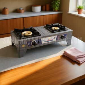 Gas Stove RINO RS100,"Stainless steel kitchen stove with Double burner and control knobs, illuminated by overhead lighting,