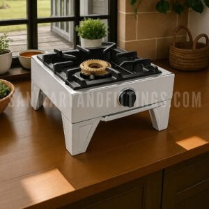 Gas Stove Rino RS05 Manual single Burner Kitchen Stove,"Stainless steel kitchen stove with single burner and control knobs, illuminated by overhead lighting,