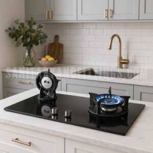 Foldable Kitchen HOB, Glass top HOB, kitchen stove with two burners and control knobs, illuminated by overhead lighting,kitchen stove, electric stove, gas stove, gas hob,