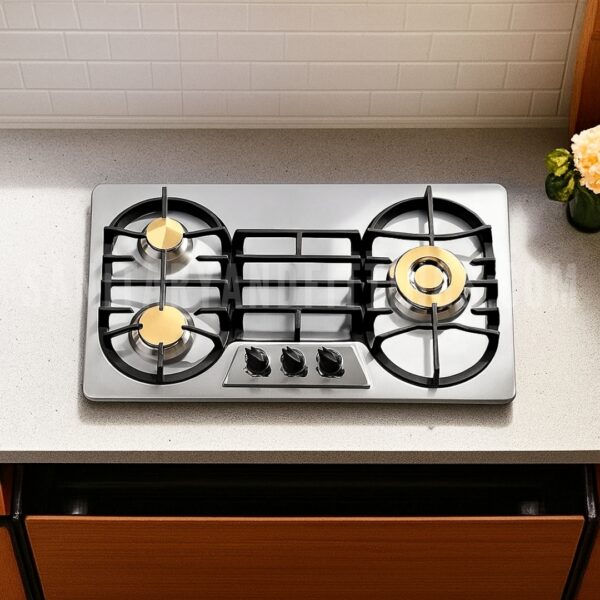 Gas Stove RINO RS949B Auto Three Burner Kitchen HOB Gas Stove RINO RS949B,"Stainless steel kitchen stove with three burners and control knobs, illuminated by overhead lighting,