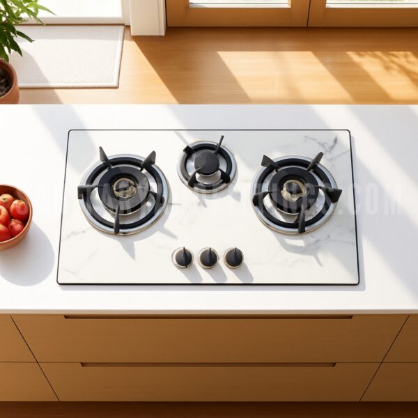 RINO RS969 Gas Stove,"Stainless steel kitchen stove with three burners and control knobs, illuminated by overhead lighting,