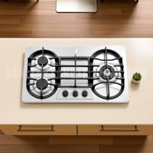 RINO RS949 Gas Stove,"Stainless steel kitchen stove with three burners and control knobs, illuminated by overhead lighting,