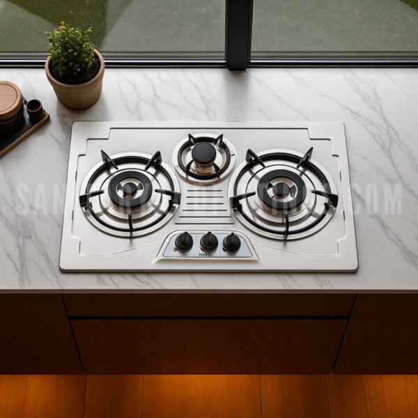 Gas Stove,"Stainless steel kitchen stove with three burners and control knobs, illuminated by overhead lighting,