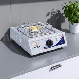 Gas Stove Rino RS11 Manual single Burner Kitchen Stove,"Stainless steel kitchen stove with single burner and control knobs, illuminated by overhead lighting,