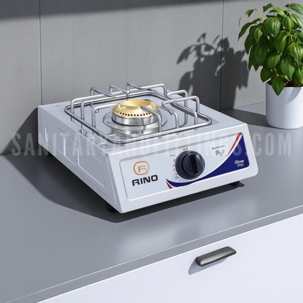 Gas Stove Rino RS11 Manual single Burner Kitchen Stove,"Stainless steel kitchen stove with single burner and control knobs, illuminated by overhead lighting,