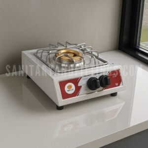 Gas Stove Rino RS22 Manual single Burner Kitchen Stove,"Stainless steel kitchen stove with single burner and control knobs, illuminated by overhead lighting,