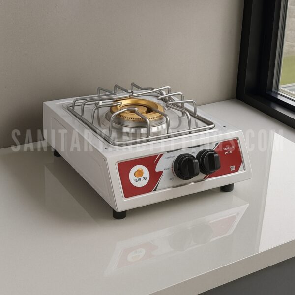 Gas Stove Rino RS22 Manual single Burner Kitchen Stove,"Stainless steel kitchen stove with single burner and control knobs, illuminated by overhead lighting,