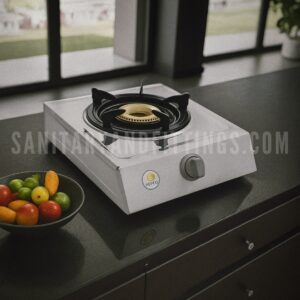 Gas Stove Rino RS33 Auto Ignition single Burner Kitchen Stove,"Stainless steel kitchen stove with single burner and control knobs, illuminated by overhead lighting,