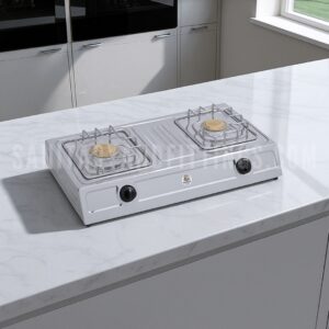 Gas Stove RINO RS111 Manual Double Burner Kitchen Stove,"Stainless steel kitchen stove with Double burner and control knobs, illuminated by overhead lighting,