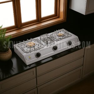 Gas Stove RINO RS111T,"Stainless steel kitchen stove with Double burner and control knobs, illuminated by overhead lighting,