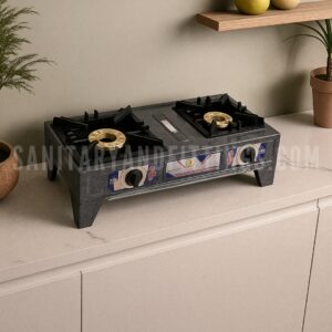 Gas Stove RINO RS200,"Stainless steel kitchen stove with Double burner and control knobs, illuminated by overhead lighting,