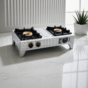 Gas Stove RINO RS80 Manual Double Burner Kitchen Stove,"Stainless steel kitchen stove with Double burner and control knobs, illuminated by overhead lighting,