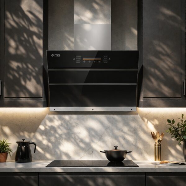 NAS GAS KHD-355 kitchen hood with stainless steel filter, tempered glass front, and touch motion sensor control