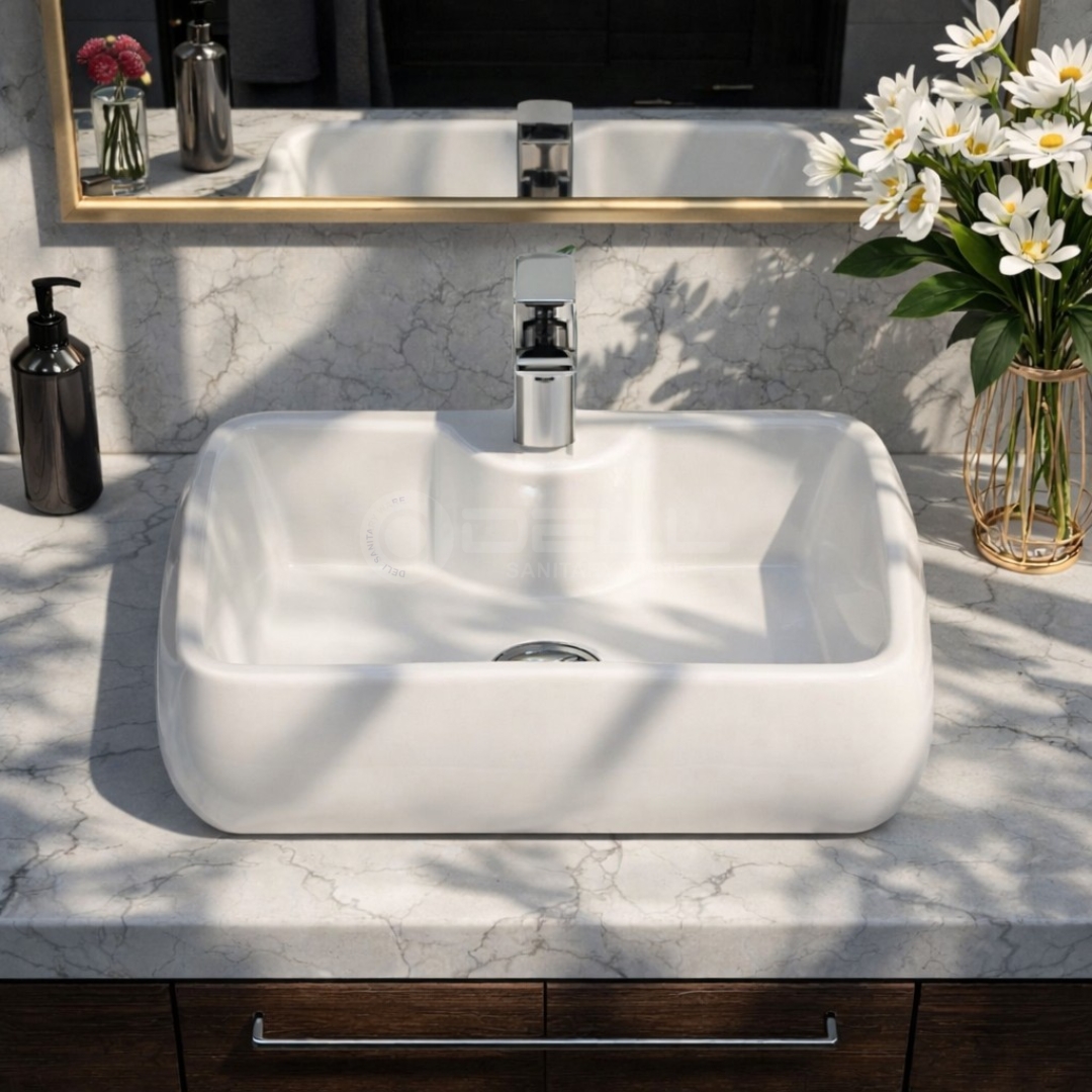 Luxury Edge 2 Vanity Wash Basin Over Counter Installation Edge 2 Vanity Wash Basin by Dell Sanitary Ware in White Ceramic