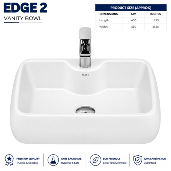 Luxury Edge 2 Vanity Wash Basin Over Counter Installation Edge 2 Vanity Wash Basin by Dell Sanitary Ware in White Ceramic