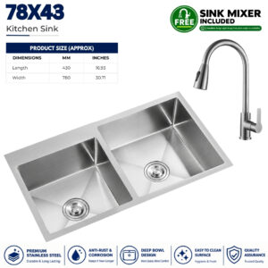 Sink Bowl 78x43 Premium Stainless Steel Single Kitchen Sink, kitchen sink,