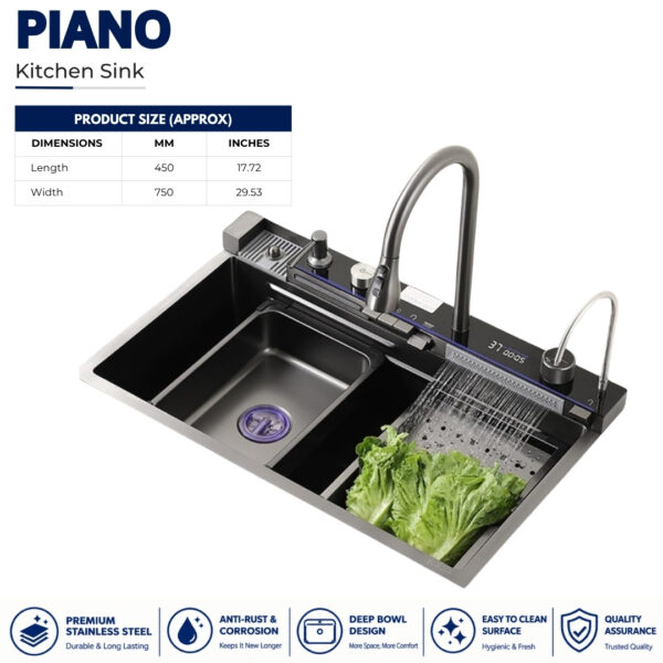 Kitchen Sink Piano 5 Button 75x45 - Stainless Steel, Sink