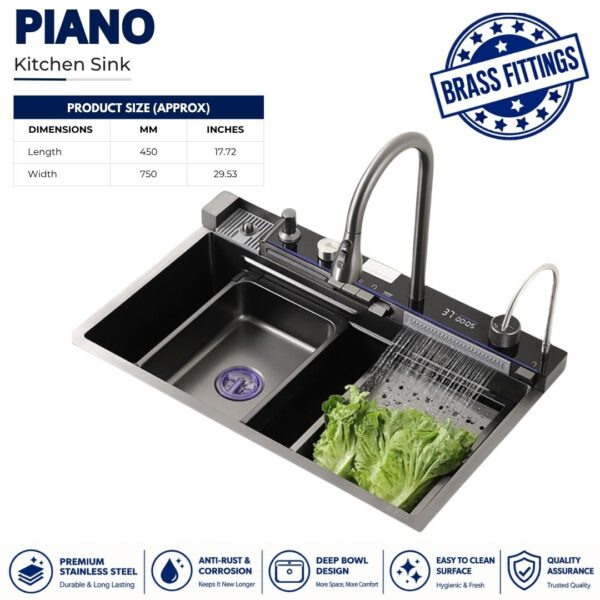 Kitchen Sink Piano 5 Button 75x45 - Stainless Steel, Sink Bowl 75x45 Premium Stainless Steel Single Kitchen Sink, kitchen sink, kitchen sink price in Pakistan , sink price in Pakistan ,Sink Bowl 75x45, stainless steel kitchen sink, kitchen wash basin, sink for kitchen price, ss kitchen sink, Piano Sink